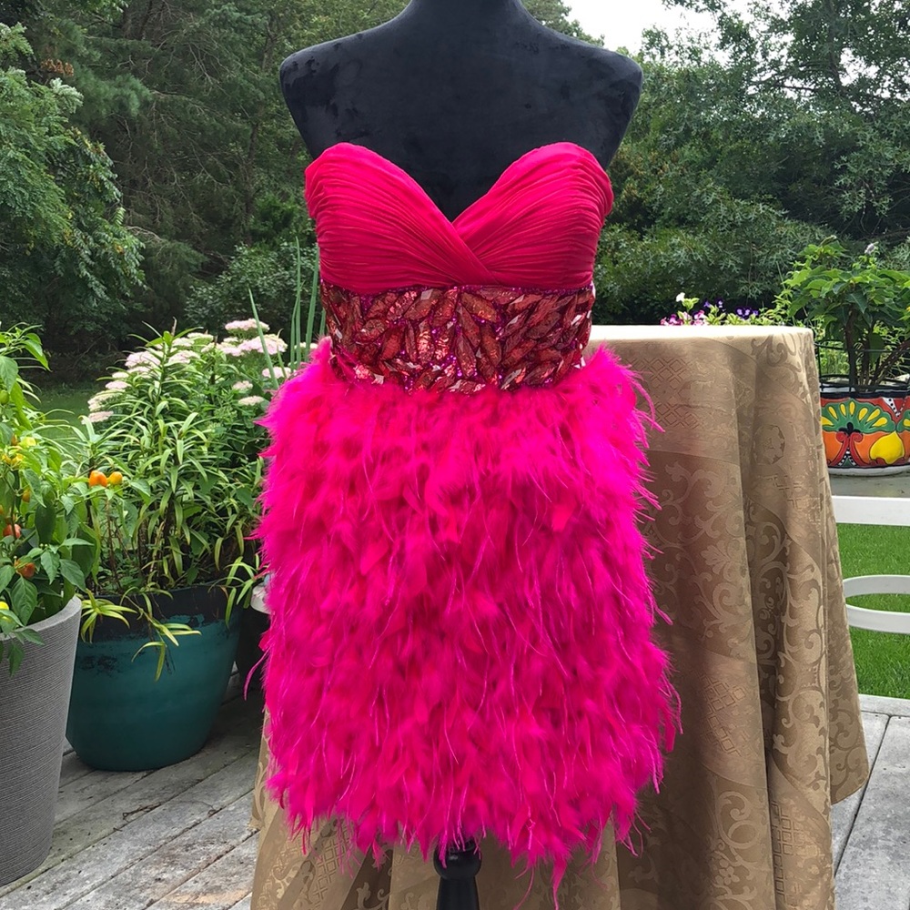 Mac Duggal Vibrant Pink and Red Feathered Dress